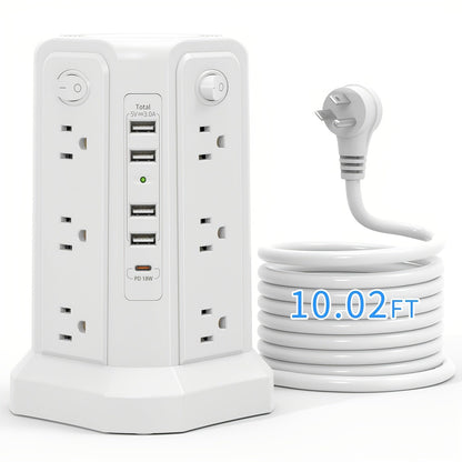 Tour multiprise, 16 prises CA, 5 ports USB, USB-C PD 20W, parafoudre 1500J, prise plate, rallonge de bureau
