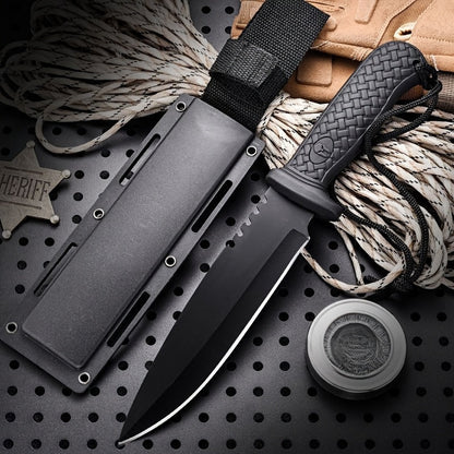 Couteau à lame fixe d'extérieur de 24,4 cm avec étui multifonction - Couteau droit noir et orange pour l'exploration en milieu sauvage, le canyoning, la randonnée en montagne et la chasse, conçu pour les hommes
