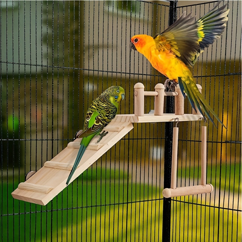 Balançoire perchoir en bois pour oiseaux avec échelle d'escalade - Plateforme de gym multi-niveaux en pin radiata pour perroquets, inséparables, calopsittes, chinchillas, hamsters - Support de jeu, échelle, balançoire et accessoire de cage pour oiseaux