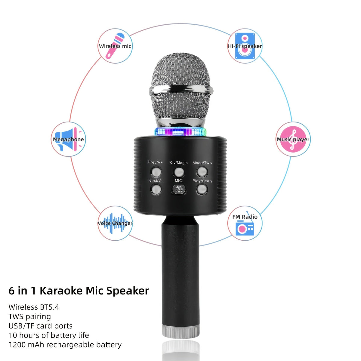 Microphone karaoké sans fil 5-en-1 avec haut-parleur intégré, lumières LED et changeur de voix – Micro de chant Bluetooth portable pour fêtes, réunions de famille, voyages et activités en plein air, 10 couleurs