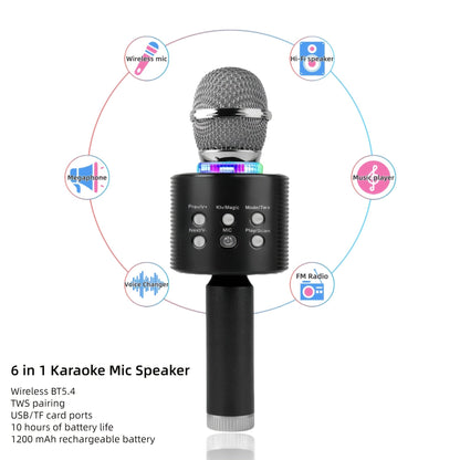 Microphone karaoké sans fil 5-en-1 avec haut-parleur intégré, lumières LED et changeur de voix – Micro de chant Bluetooth portable pour fêtes, réunions de famille, voyages et activités en plein air, 10 couleurs