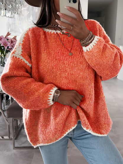 Pull-over femme à encolure bateau et blocs de couleur – Haut décontracté en maille contrastante, manches longues et coupe ample pour l'automne et l'hiver, style épaules dénudées, 7 couleurs, tailles S à XXL, pull doux et confortable pour le quotidien
