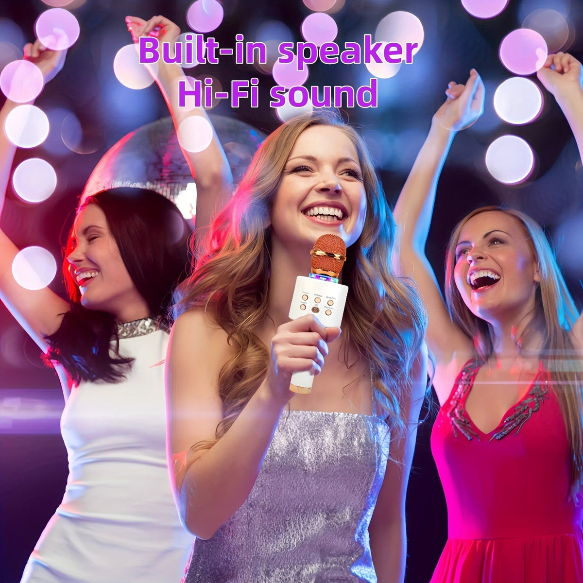 Microphone karaoké sans fil 5-en-1 avec haut-parleur intégré, lumières LED et changeur de voix – Micro de chant Bluetooth portable pour fêtes, réunions de famille, voyages et activités en plein air, 10 couleurs