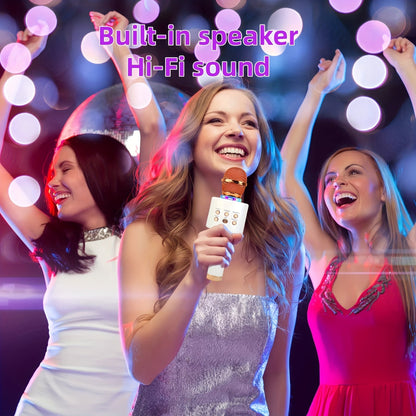 Microphone karaoké sans fil 5-en-1 avec haut-parleur intégré, lumières LED et changeur de voix – Micro de chant Bluetooth portable pour fêtes, réunions de famille, voyages et activités en plein air, 10 couleurs