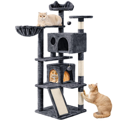 Arbre à chat multiniveaux de 145 cm avec 2 niches – poteaux à griffer en sisal, balle suspendue, plateforme ronde et échelle pour chatons et petits chats d'intérieur, 6 couleurs, cadeau de Noël pour les amoureux des chats