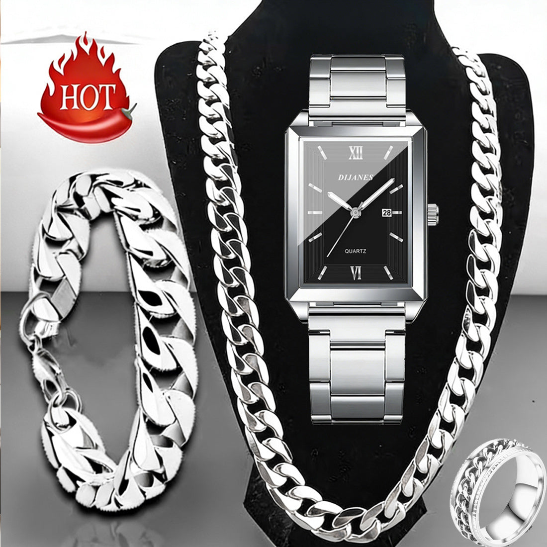 Ensemble de 4 pièces montre et bijoux pour homme – Montre à quartz avec collier, bracelet et bague, affichage de la date style business décontracté, coffret cadeau de luxe pour homme en noir, argent et or
