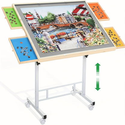 Table de puzzle réglable pour puzzles de 1500 pièces – Plateau de puzzle en bois massif inclinable et réglable en hauteur avec tiroir de rangement – Station de puzzle portable pour adultes – Cadeau idéal pour un anniversaire ou les fêtes