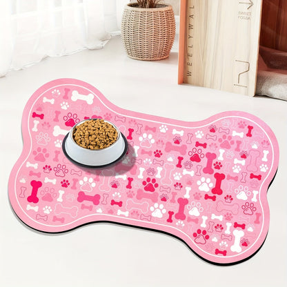 Dog Feeding Mat Non-Slip Quick-Dry Paw Print & Fishbone Design - Durable Polyester Pet Food & Water Bowl Pad for Small to Medium Dogs, Waterproof Easy-Clean Dog Placemat for Kitchen & Floor