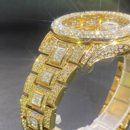 Montre à quartz de luxe avec strass pour hommes et femmes – Montre hip-hop étanche avec date automatique en or et argent, cadran en zircon cubique scintillant, parfaite pour les fêtes et le quotidien