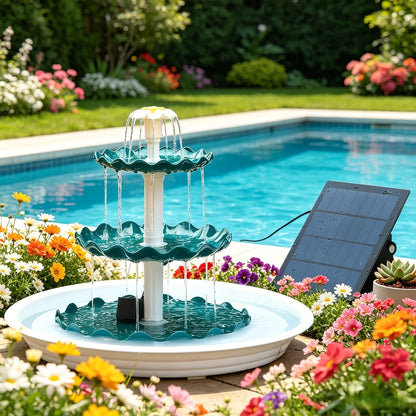 Fontaine à oiseaux solaire à 3 niveaux 3,5 W – Pompe de fontaine solaire pour décoration de jardin ou cour extérieure, sans câblage, vert foncé, bleu clair ou fontaine seule, options à un ou trois niveaux