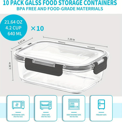 Lot de 20 récipients de préparation de repas en verre de 650 ml avec couvercles hermétiques – 10 récipients en verre et 10 couvercles, conservation alimentaire hermétique pour le déjeuner, le garde-manger et la cuisine – Boîtes à bento en verre sans BPA