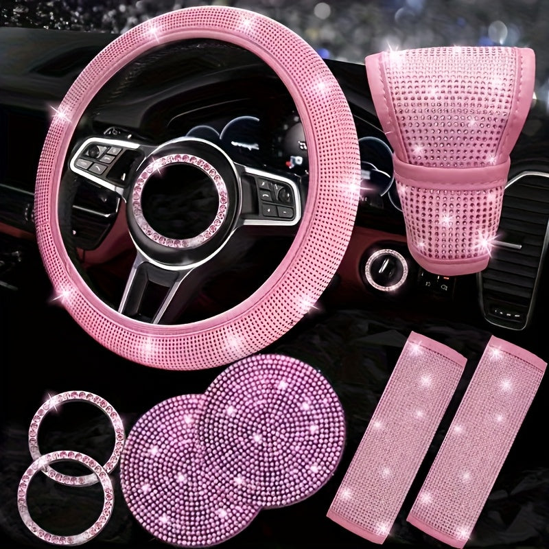 Ensemble d'accessoires de voiture 8 pièces en strass pour femme – Housse de volant, sous-verres, coussinets de ceinture de sécurité, anneaux de démarrage et housse de pommeau de levier de vitesse, 7 couleurs, kit intérieur à paillettes scintillantes
