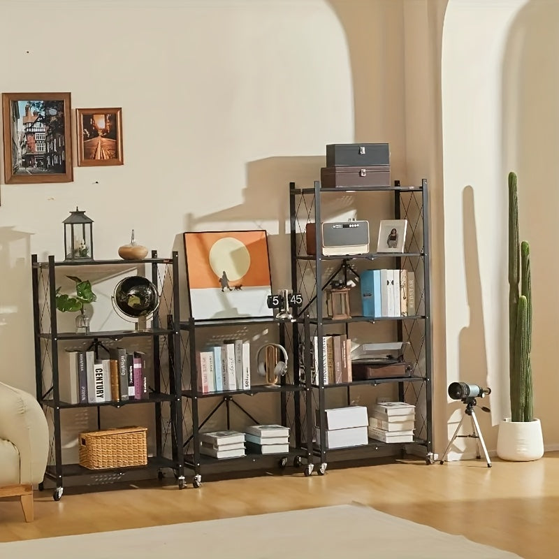 Étagère de rangement pliable en métal robuste à 3 niveaux avec roulettes, capacité de 340 kg – Unité de rayonnage roulante et mobile pour garage, cuisine, entrepôt et organisation de la maison, noir