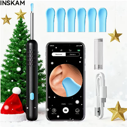 Kit otoscope caméra Wi-Fi 1080P HD pour nettoyage des oreilles – Outil de soin auriculaire avec 6 cure-oreilles et pince, rechargeable, compatible iPhone et Android