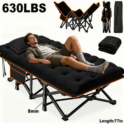Lit pliant ultra-résistant supportant jusqu’à 285 kg avec matelas en option – Lit de camp portable avec pieds de support multiples, poches latérales et oreiller, lit d'appoint toutes saisons de 150 à 195 cm, peu encombrant