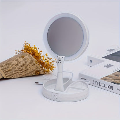 Miroir de maquillage LED avec grossissement 10X – Miroir de courtoisie double face éclairé, LED lumineuses, alimentation USB et piles, miroir de table facile à transporter pour salle de bain, chambre et coiffeuse