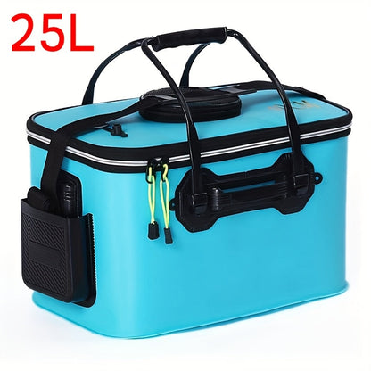 Seau de pêche pliable de 25 L – Conteneur à appâts vivants en EVA, sac de conservation de poissons multifonctionnel et portable pour la pêche à la carpe et en eau douce, cadeau pour homme (bleu/orange)