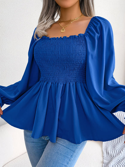 Women's Square Neck Chiffon Blouse Flutter Sleeve Ruffle Hem Top | Casual Long Flared Sleeve Solid Color Woven Polyester Shirt S M L XL