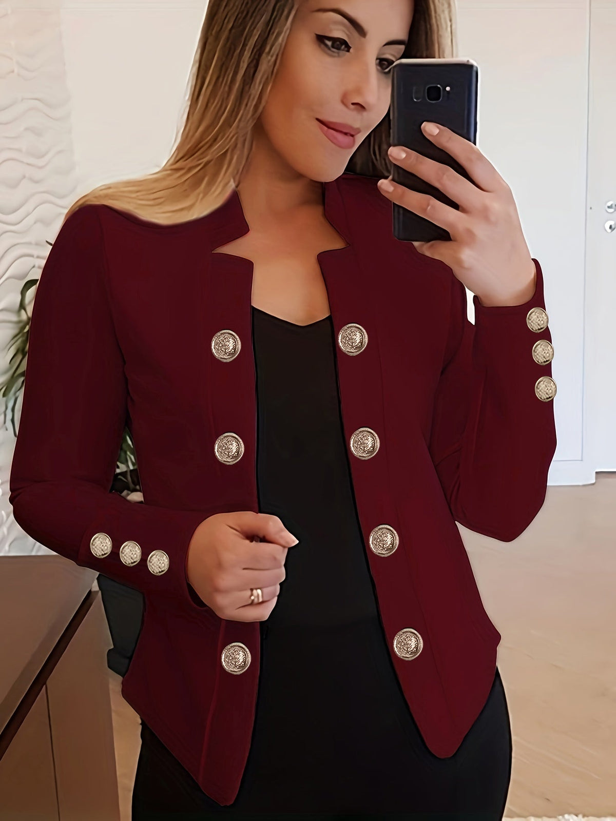 Veste cardigan femme à double boutonnage – Blazer à manches longues à revers, couleur unie, pour le printemps, l'automne et toutes les saisons