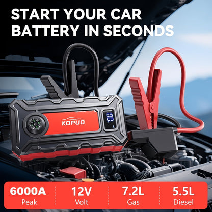 Démarreur de voiture portable 5000A/6000A – Booster de batterie 12V pour véhicules essence et diesel, batterie externe à charge rapide 65W, lampe de poche LED et écran LCD, bloc de démarrage d'urgence compact