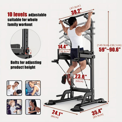 Station de musculation Power Tower avec barre de traction et poste à dips – Hauteur réglable 127-230 cm, capacité 150 kg, équipement de musculation multifonction pour hommes et femmes, bandes élastiques incluses