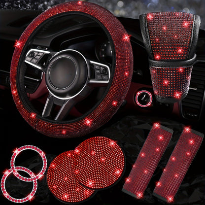 Ensemble d'accessoires de voiture 8 pièces en strass pour femme – Housse de volant, sous-verres, coussinets de ceinture de sécurité, anneaux de démarrage et housse de pommeau de levier de vitesse, 7 couleurs, kit intérieur à paillettes scintillantes