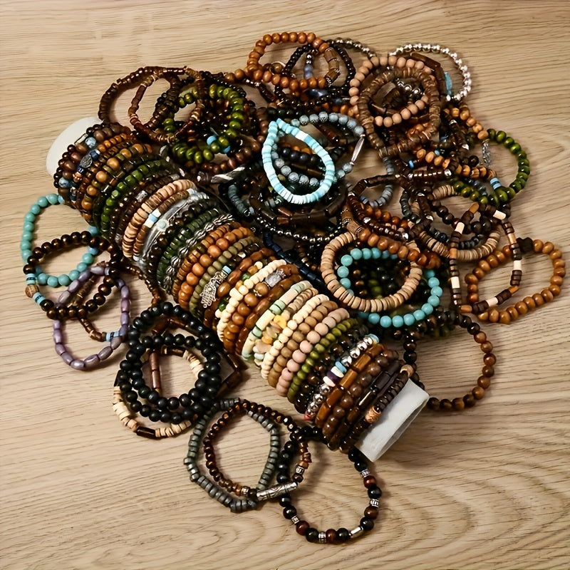 Lot de 36 bracelets à perles en bois style bohème pour femmes et hommes – Faits main, style vintage avec breloques en alliage de zinc, lot de bijoux en gros pour cadeaux et fêtes