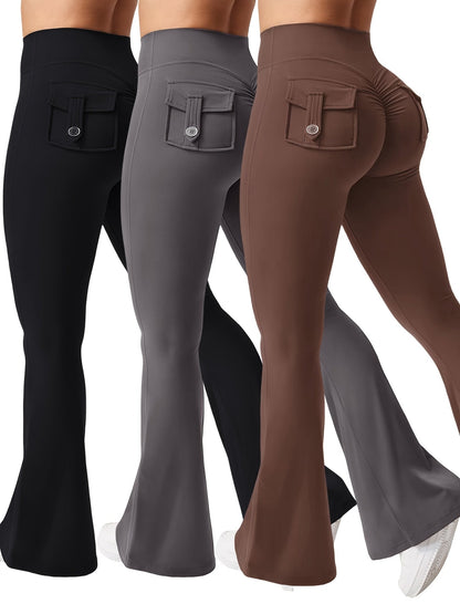 Ensemble 3 pièces pour femme : pantalon de yoga évasé à taille haute avec ceinture et poches, legging galbant effet push-up, squat-proof, 90 % polyester extensible, coupe évasée pour le sport, la gym, la course et le quotidien