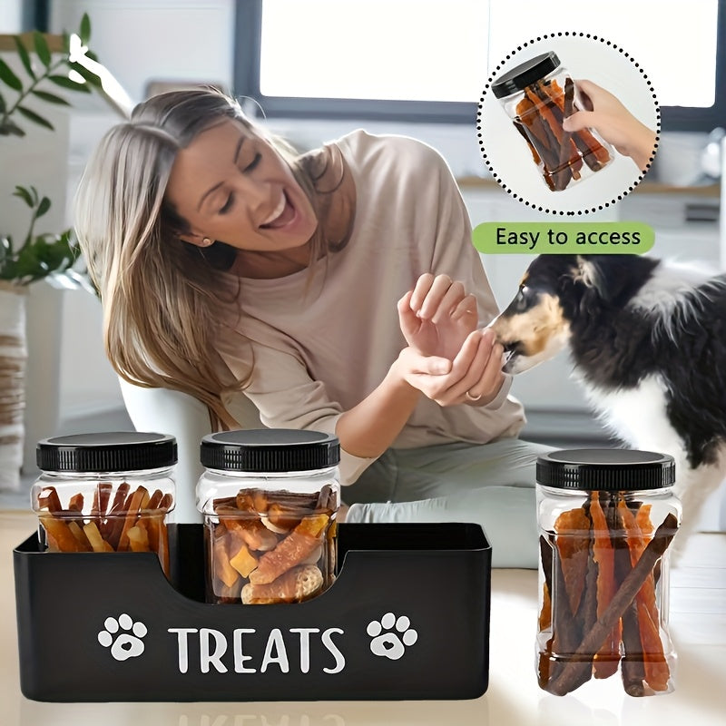 Ensemble de 3 boîtes hermétiques pour friandises pour animaux – Bocaux en plastique noir style rustique pour le stockage de nourriture pour chiens et chats, organisateur de comptoir durable, sans électricité requise