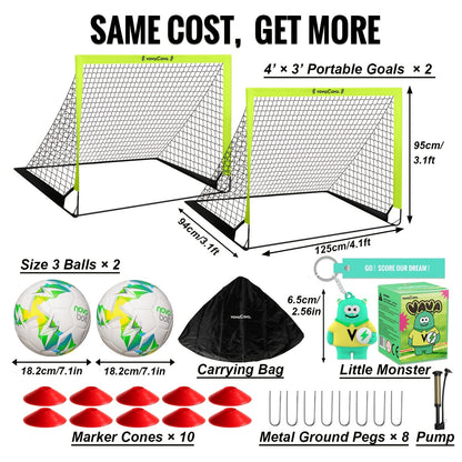 Lot de 2 buts de football portables pop-up – Filets de football pliables de 1,2 m x 0,9 m pour jeunes et adultes, inclut 2 ballons, une pompe et un sac de transport, tissu Oxford 450D, buts de football pour intérieur et extérieur (vert/rose)