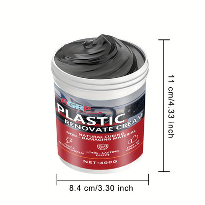 Cire rénovatrice pour plastiques de voiture 400 g – Polish haute brillance résistant aux UV pour tableau de bord, pare-chocs, pneus et garnitures extérieures, pâte de detailing intérieur et extérieur anti-décoloration, séchage rapide non gras