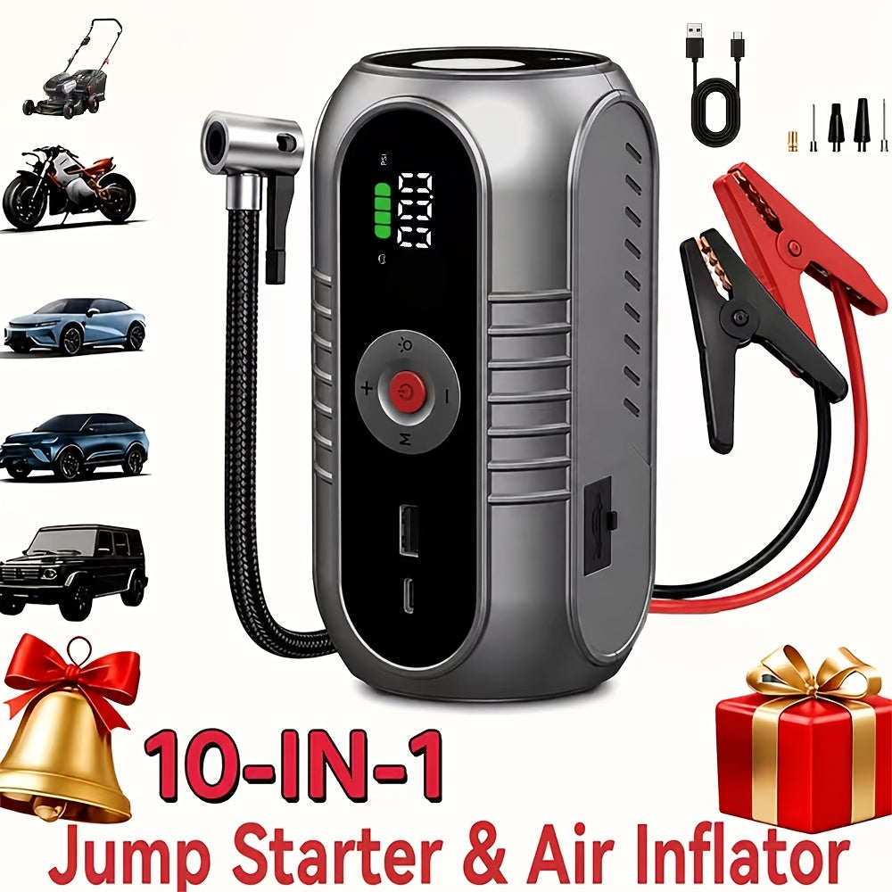 Démarreur de voiture 3000A 9-en-1 avec gonfleur de pneus intégré, ports USB et lampe de secours LED – Booster de batterie portable sans fil 12V pour voitures, camions et SUV – Outil d'urgence routière – Velora
