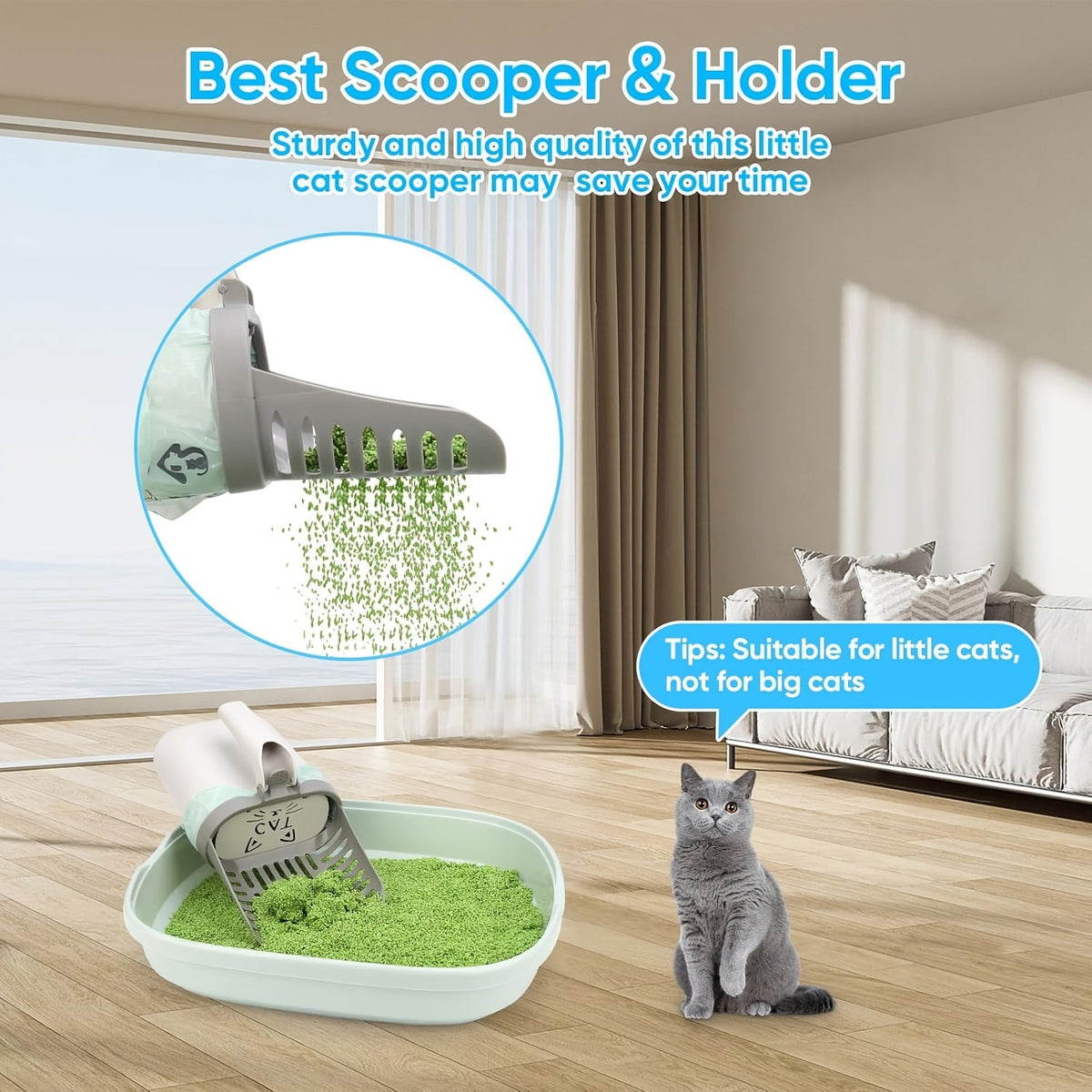 Pelle à litière avec support et sac de rechange – Pelle anti-déversement grande capacité, construction monobloc, base robuste, élimination facile des déchets pour foyers à plusieurs chats et voyages, gris blanc