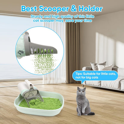 Pelle à litière avec support et sac de rechange – Pelle anti-déversement grande capacité, construction monobloc, base robuste, élimination facile des déchets pour foyers à plusieurs chats et voyages, gris blanc