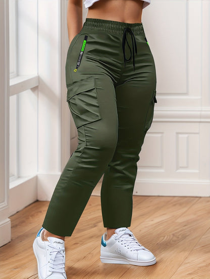 Pantalon cargo multipoches pour femme – Détails zippés vert néon, taille à cordon de serrage, pantalon outdoor pleine longueur pour le voyage, 4 coloris, tailles XS à XXL, streetwear décontracté printemps-automne