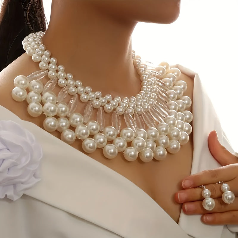 Parure collier et boucles d'oreilles bohème à pampilles en fausses perles, bijoux de mariée faits main multi-rangs, accessoires de mariage élégants perlés, cadeau pour elle