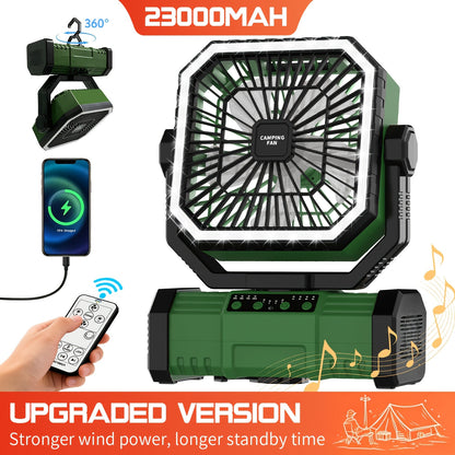 Ventilateur de camping portable 20 000 mAh avec télécommande, lumières LED, 4 vitesses et rotation à 360° – Ventilateur oscillant rechargeable sur batterie pour camping en plein air, camping-car et voyage