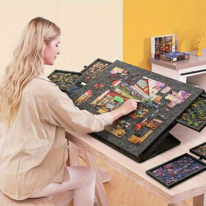 Table de puzzle 1000 pièces, design inclinable 2-en-1 avec couvercle support et 6 tiroirs, plateau de puzzle ultra-léger et portable pour adultes, accessoire de puzzle ergonomique, cadeau pour les amateurs de puzzle – Naturel et Gris