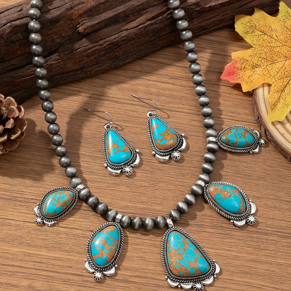 Parure de bijoux vintage bohème avec boucles d'oreilles et collier en perles turquoise et orange, en alliage de zinc, style ethnique pour femme, idéal pour le quotidien, les vacances et comme cadeau