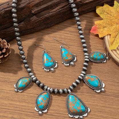 Parure de bijoux vintage bohème avec boucles d'oreilles et collier en perles turquoise et orange, en alliage de zinc, style ethnique pour femme, idéal pour le quotidien, les vacances et comme cadeau