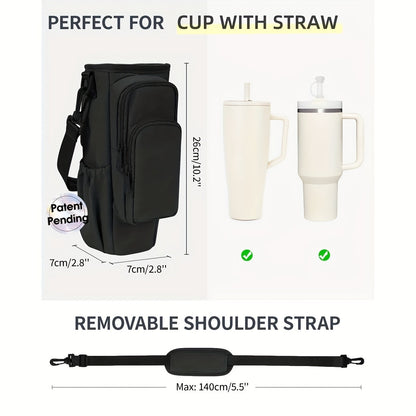 40oz Insulated Water Bottle Sling Bag with Straw Lid & Handle – Hands-Free Carrier with Phone Pocket Zippered Compartments Adjustable Strap for Dog Walking Gym Travel Outdoor Men Women