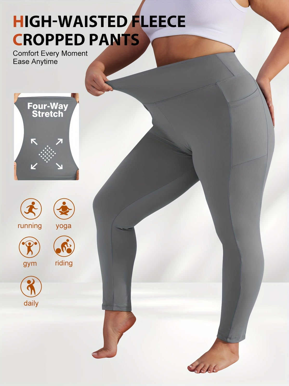 Pantalon de yoga grande taille pour femme avec poches – Legging chaud doublé en polaire taille haute pour l'automne et l'hiver, pantalon de sport moulant élastique, tailles 1XL-5XL en noir, gris, bordeaux et bleu marine