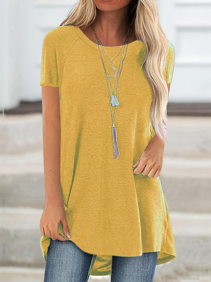 Women's Longline Raglan Short Sleeve T-Shirt – Solid Color Loose Fit Dipped Hem Knit Top in 15 Colors, 35% Viscose 60% Polyester 5% Elastane
