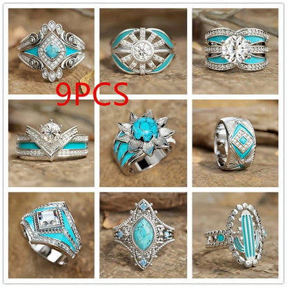 Lot de 9 bagues bohèmes empilables avec turquoise pour femme – Bijoux fantaisie luxueux style bohème, tons dorés avec turquoises synthétiques multi-éléments, idéal pour le quotidien, mariage, fiançailles, cadeau pour petite amie et amoureuse, tailles 6-11