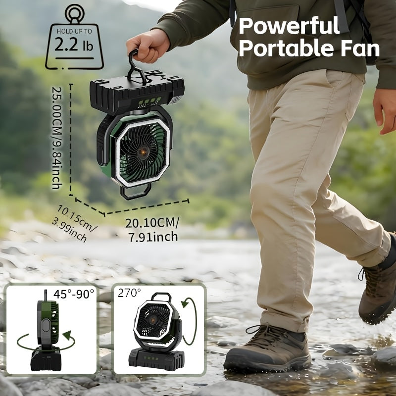 Ventilateur de camping à batterie 20 000 mAh, autonomie 59 h – Ventilateur oscillant portable rechargeable avec télécommande, 4 vitesses, éclairage LED et crochet pour tente, extérieur, terrasse, garage, coupure de courant ou ouragan