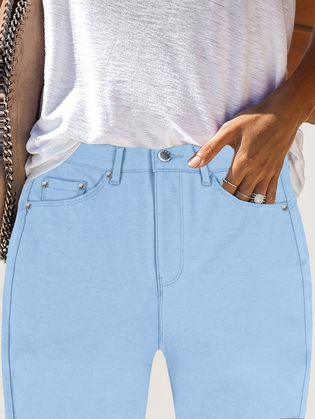 Jean skinny stretch taille haute pour femme, détail bouton en métal, style urbain, pantalon en jean coupe ajustée, 10 couleurs, S-XXL