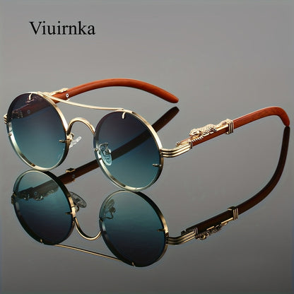 Lunettes de soleil rondes à monture en métal avec verres dégradés pour hommes et femmes – Luxe, double pont, détails léopard sur les charnières, verres en polycarbonate dégradés, étui inclus, style chic pour les vacances et la ville