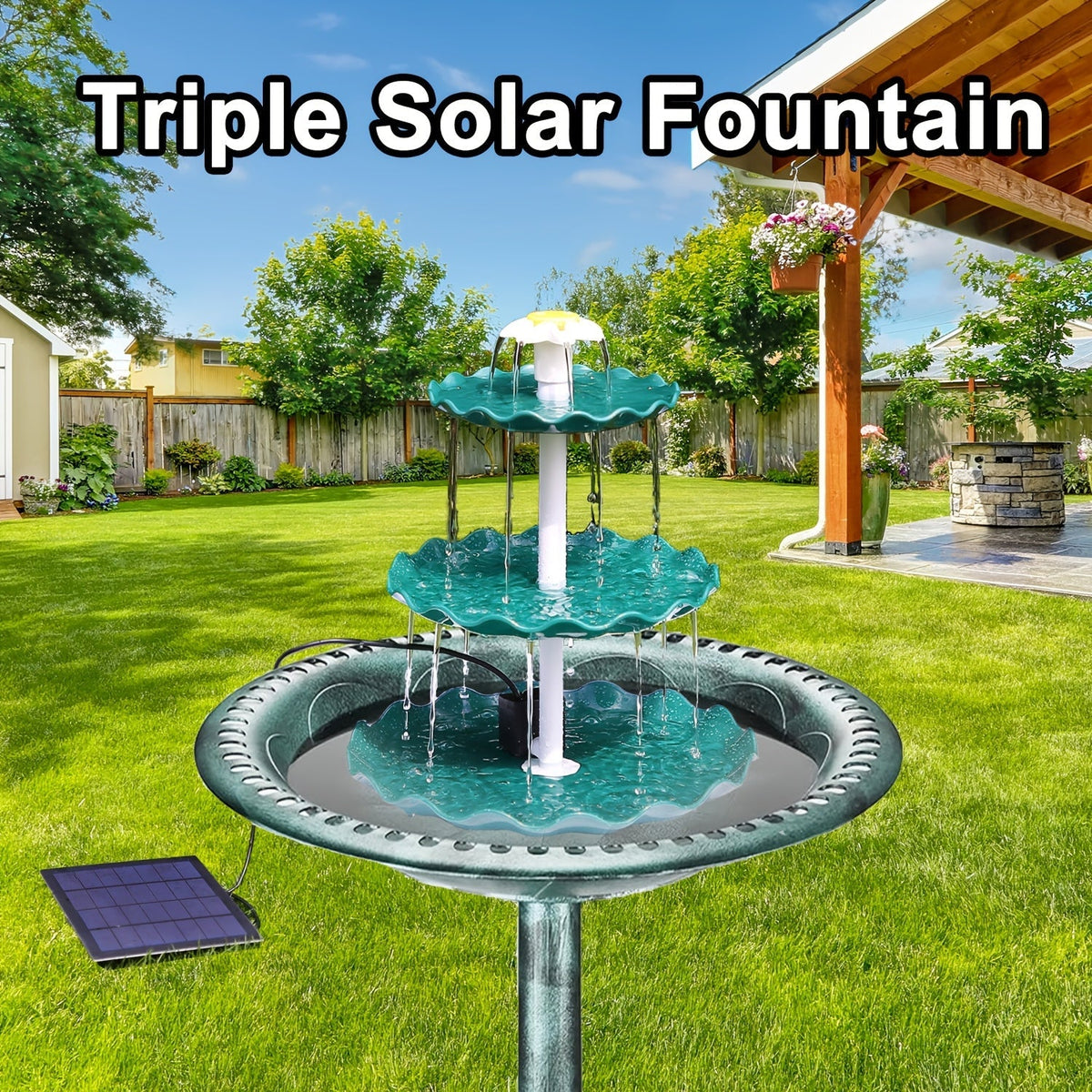Fontaine à oiseaux solaire à 3 niveaux 3,5 W – Pompe de fontaine solaire pour décoration de jardin ou cour extérieure, sans câblage, vert foncé, bleu clair ou fontaine seule, options à un ou trois niveaux