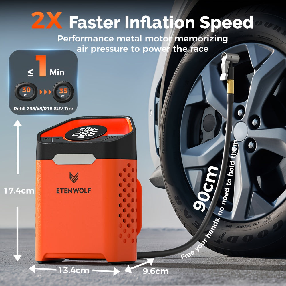 Compresseur d'air portable pour pneus – Gonflage rapide en 1 min, cycle de service 100 %, rechargeable par USB, affichage numérique, robuste pour pneus de voiture, vélos et ballons