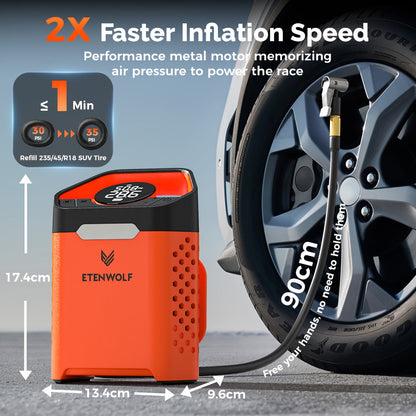 Compresseur d'air portable pour pneus – Gonflage rapide en 1 min, cycle de service 100 %, rechargeable par USB, affichage numérique, robuste pour pneus de voiture, vélos et ballons